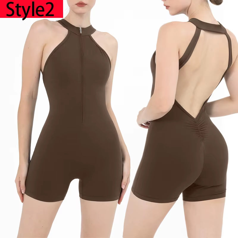 Women's Scrunch Gym Jumpsuit – Short Fitness Set with Zipper, Yoga Tracksuit & Workout Sportswear