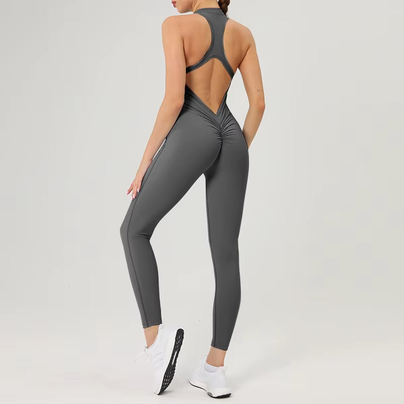 Women's Scrunch Gym Jumpsuit – Short Fitness Set with Zipper, Yoga Tracksuit & Workout Sportswear