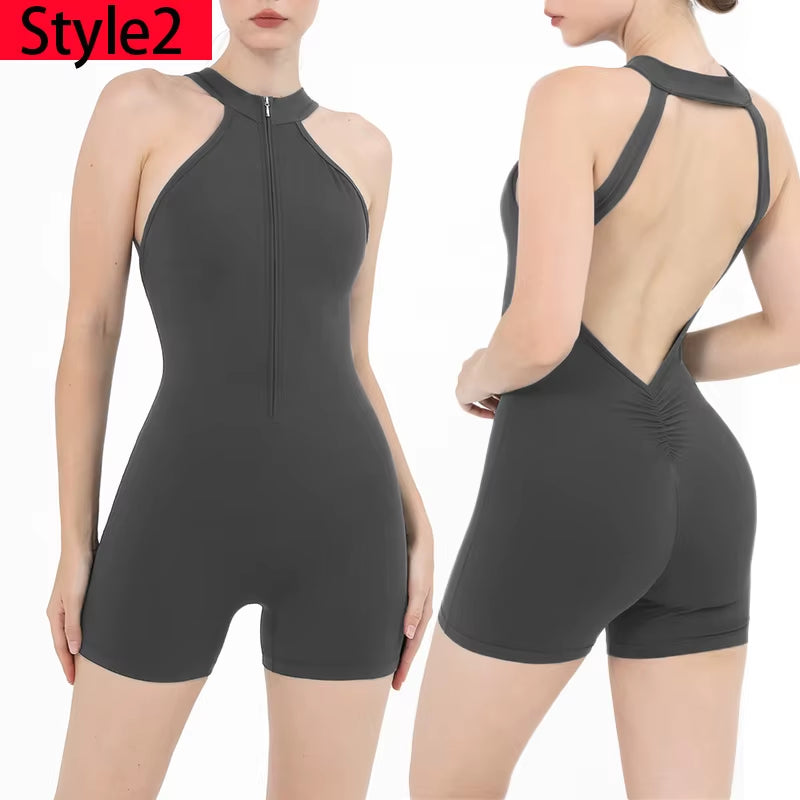 Women's Scrunch Gym Jumpsuit – Short Fitness Set with Zipper, Yoga Tracksuit & Workout Sportswear