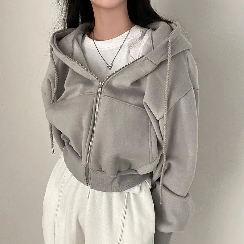 Y2K Oversized Zip Up Hoodie for Women – Casual Harajuku Crop Top Sweatshirt, Long Sleeve Loose Jacket