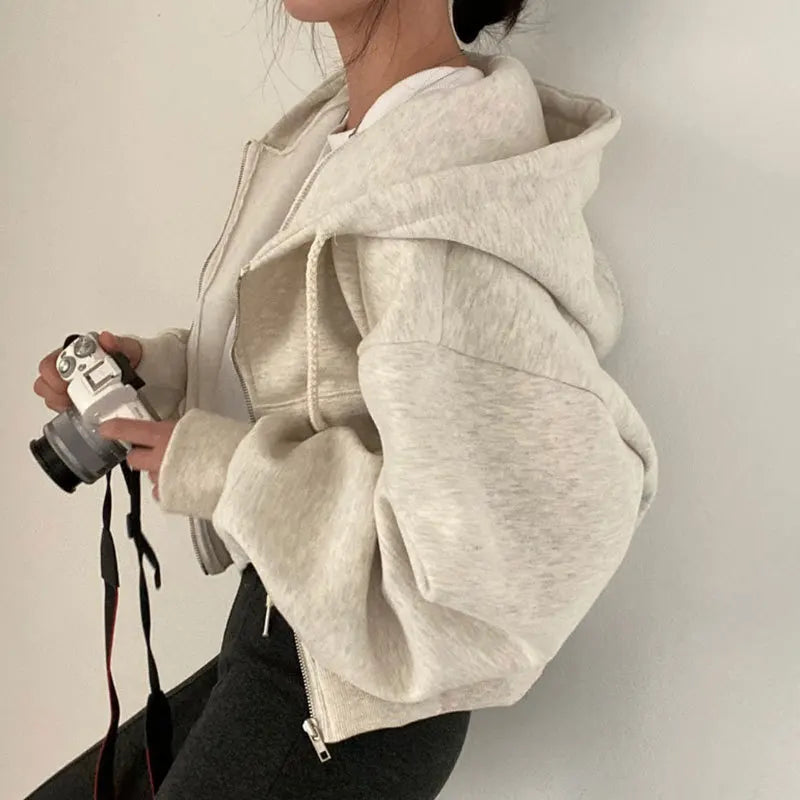 Y2K Oversized Zip Up Hoodie for Women – Casual Harajuku Crop Top Sweatshirt, Long Sleeve Loose Jacket