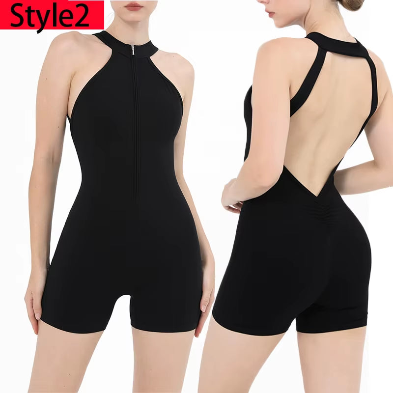 Women's Scrunch Gym Jumpsuit – Short Fitness Set with Zipper, Yoga Tracksuit & Workout Sportswear
