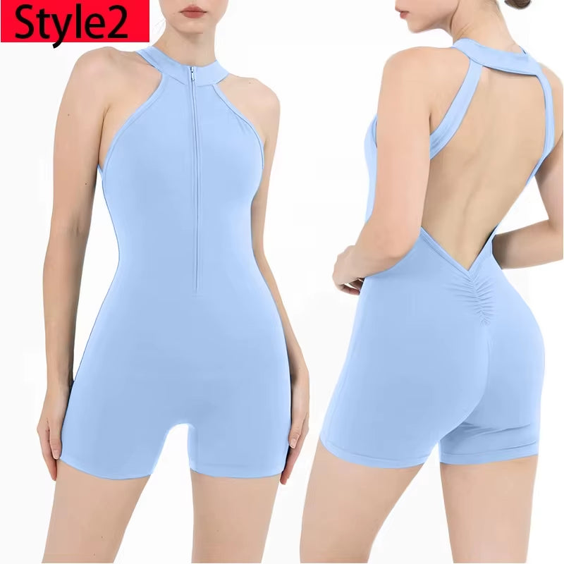 Women's Scrunch Gym Jumpsuit – Short Fitness Set with Zipper, Yoga Tracksuit & Workout Sportswear