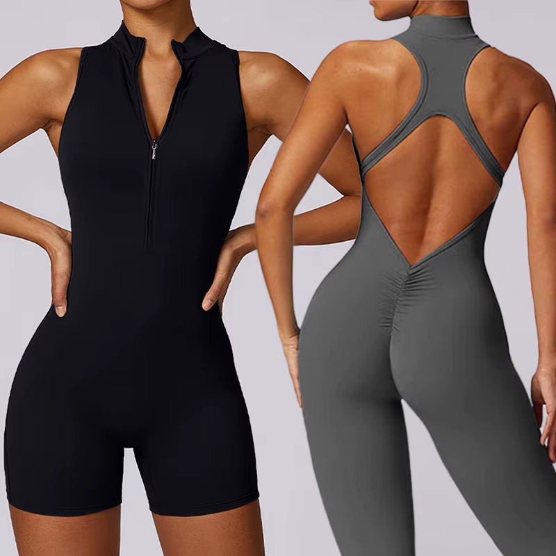 Women's Scrunch Gym Jumpsuit – Short Fitness Set with Zipper, Yoga Tracksuit & Workout Sportswear